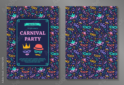 Carnival Party invitation with colorful background. Two sided card. Vector