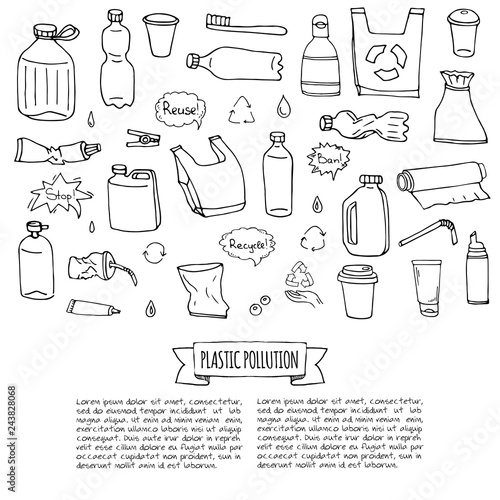 Hand drawn doodle Stop plastic pollution icons set Vector illustration sketchy symbols collection Cartoon concept elements Bag Bottle Recycle sign Package Disposal waste Contamination disposable dish