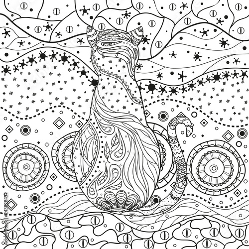 Mandala with cat on white. Zentangle. Hand drawn animal with abstract patterns on isolation background. Design for spiritual relaxation for adults. Outline for flyer or poster