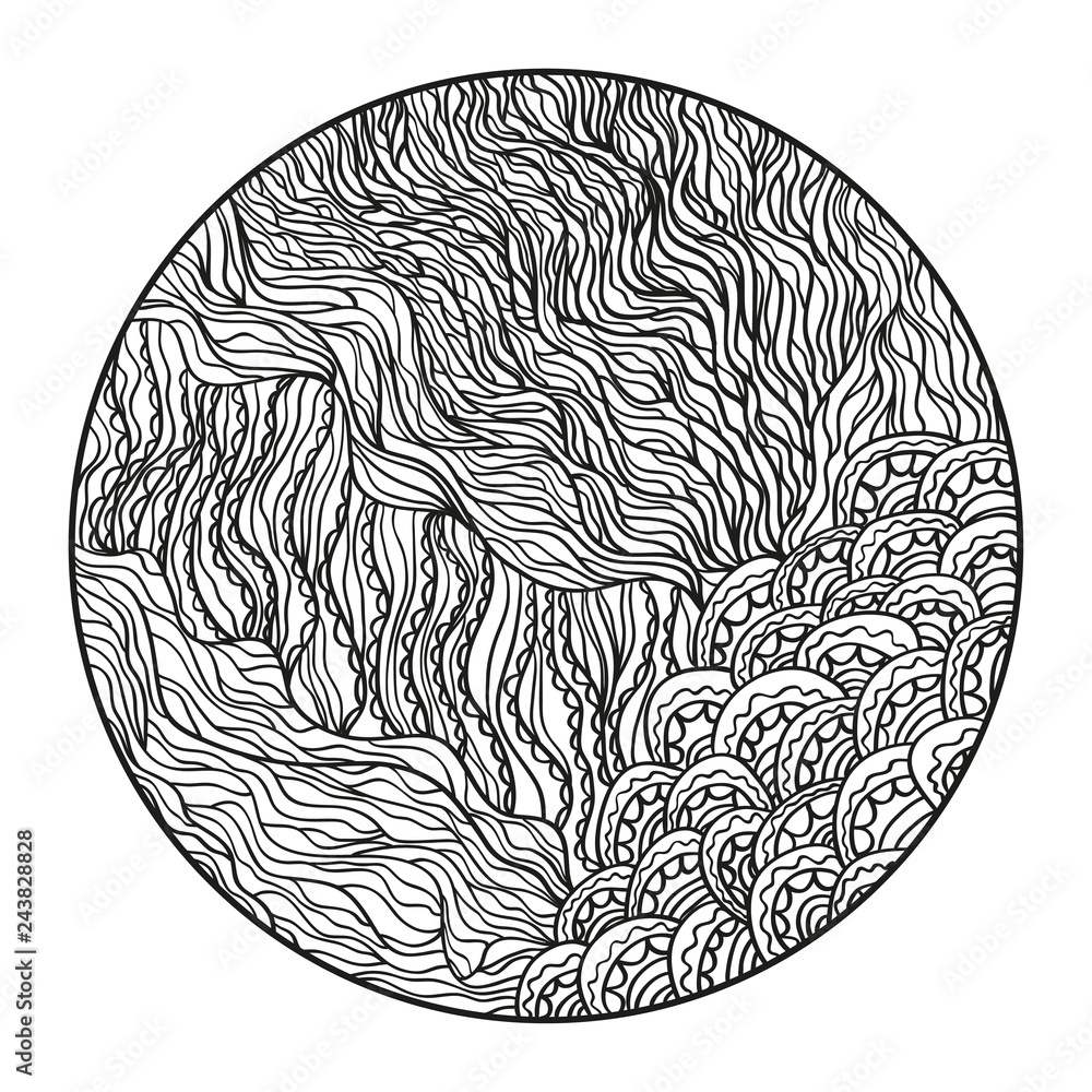 Zendala on white. Hand drawn circle mandala with abstract patterns on isolation background. Design for spiritual relaxation for adults. Line art. Black and white illustration for coloring Zendala on white. Hand drawn circle mandala with abstract patterns on isolation background. Design for spiritual relaxation for adults. Line art. Black and white illustration for coloring