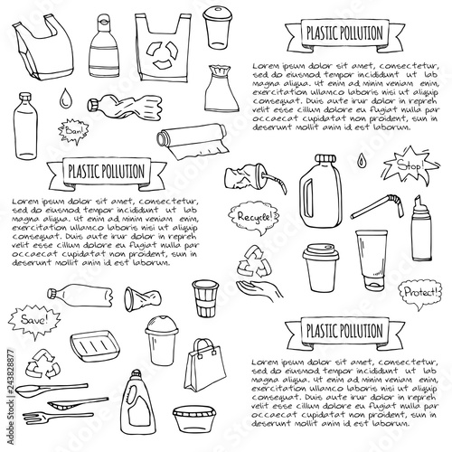 Hand drawn doodle Stop plastic pollution icons set Vector illustration sketchy symbols collection Cartoon concept elements Bag Bottle Recycle sign Package Disposal waste Contamination disposable dish
