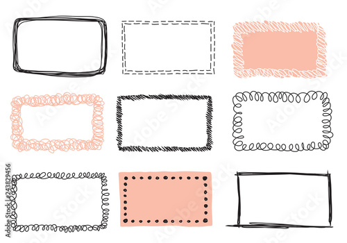 Set Hand drawn scribble frame isolated on white. Doodle frames style sketches. Shaded and hatched badges. Monochrome vector design elements. 