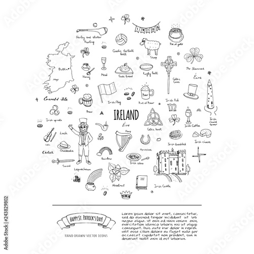 Happy St. Patrick's Day! Hand drawn doodle Ireland set Vector illustration Sketchy Irish traditional food icons elements Flag Map Celtic Cross Knot Castle Leprechaun Shamrock Harp Pot of gold © natashapankina