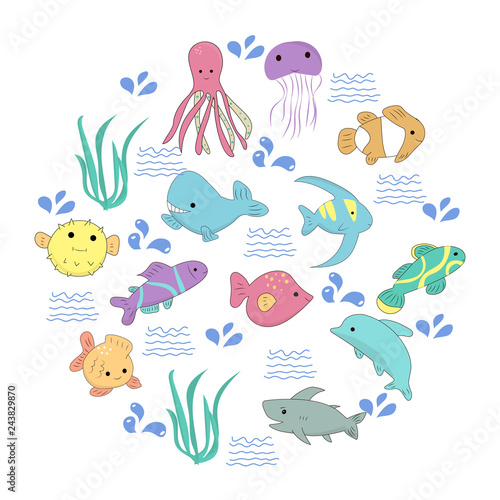 Set of Kawaii marine creatures in a circle. For any design purposes. Vector.