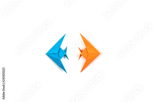 Two origami fishes isolated on white background.