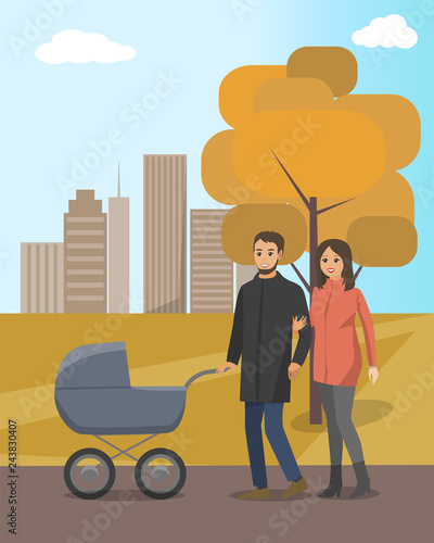 Autumn Park and Couple Walking with Baby Carriage