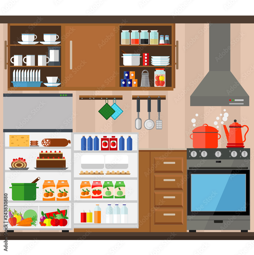 Cozy home kitchen with cabinets, stove, refrigerator and utensils. Vector illustration in flat style. Cozy home kitchen with cabinets, stove, refrigerator and utensils. Vector illustration in flat style.