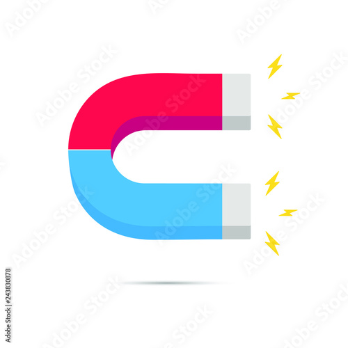 Red and blue horseshoe magnet icon sign. Magnetism, magnetize field  symbol concept flat style design vector illustration isolated on white background.