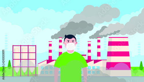 Confused boy wearing massk against smog. Fine dust, air pollution, industrial smog protection concept flat style design vector illustration. Industrial factory pipes with huge clouds of smoke.