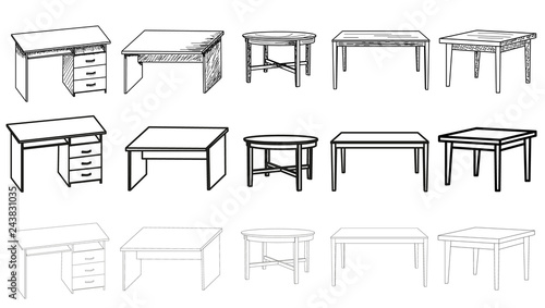 vector, isolated sketch of a table, set