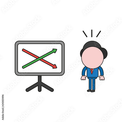 Vector businessman character suprised and looking sales chart arrows moving up and down. Color and black outlines.