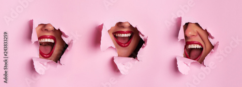 Different type of crying emotional woman screaming through hole in pink background. Emotional, young face. Human emotions, facial expression concept. Trendy colors