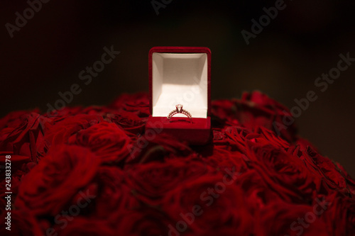 Front view of beautiful wedding ring with precious stone in red velvet gift box on red roses background. For present and marriage proposal.