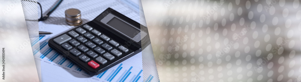 Calculator on financial documents, accounting concept. panoramic banner Calculator on financial documents, accounting concept. panoramic banner