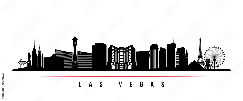 Las Vegas city skyline horizontal banner. Black and white silhouette of Las Vegas city, USA. Vector template for your design.