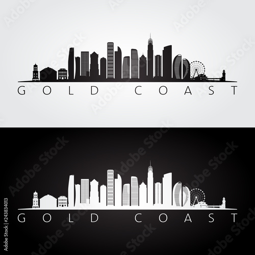 Gold Coast skyline and landmarks silhouette, black and white design, vector illustration.