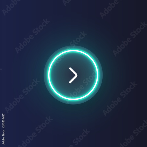 Colorful neon 'next' button with an arrow, vector illustration