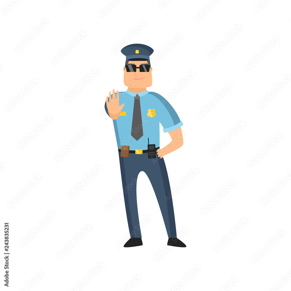 Policeman in blue uniform with a police badge in a cap and glasses performs his daily work protecting people. Policeman in blue uniform with a police badge in a cap and glasses performs his daily work protecting people.