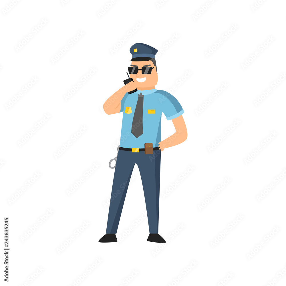 Policeman in blue uniform with a police badge in a cap and glasses performs his daily work protecting people.
