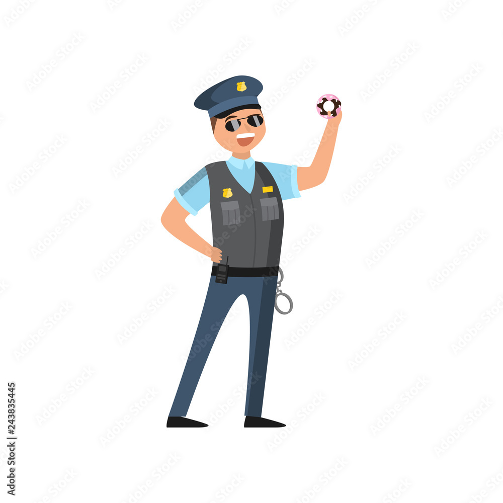 Policeman in blue uniform with a police badge in a cap and glasses performs his daily work protecting people. Policeman in blue uniform with a police badge in a cap and glasses performs his daily work protecting people.