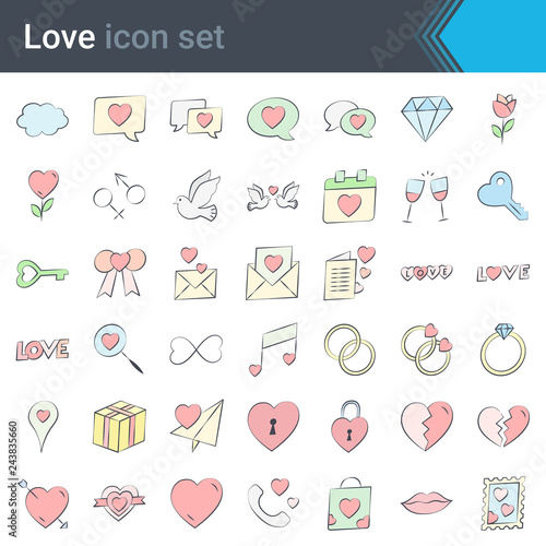 Handmade stroke vector love icons isolated on white background filling with pastel color. Love is in the air - colorful sketchy style heart icons collection. Valentines day, Mothers day, wedding, love