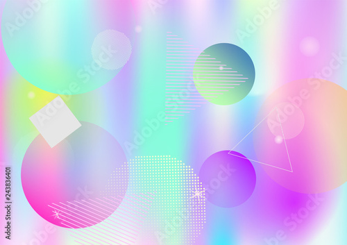 Holographic simple memphis vector background. Gradient unicorn horizontal color overlay. Minimal corporate identity geometric holograph pattern. Chaotic trendy bauhaus funky falling memphis layout.