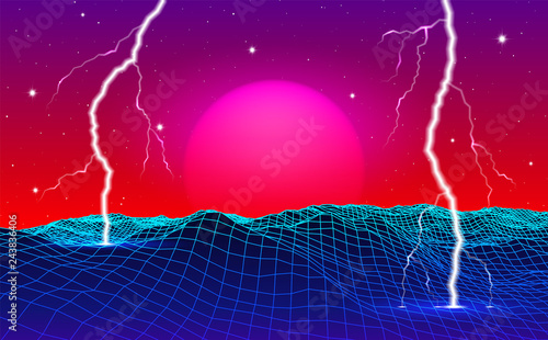 Retro 80s styled futuristic landscape with neon sun or moon and lightning in digital space with shiny grid