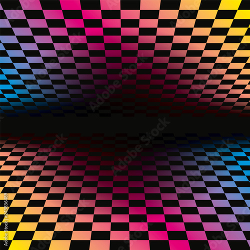 Colored grids background pattern. Rainbow colored tunnel ending in dark infinity. Geometric vector illustration