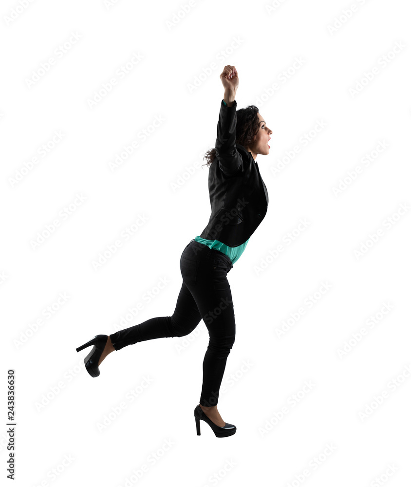 Winning businesswoman that runs. Isolated on white background