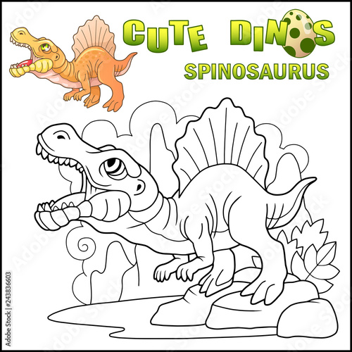 Cartoon prehistoric predatory dinosaur Spinosaurus, funny illustration