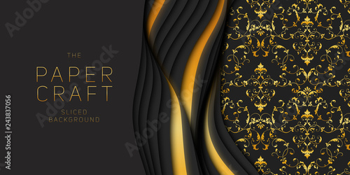 Vector 3D abstract dark background with paper cut and golden damask pattern. Luxury carving art. Paper craft Antelope canyon with gradient colors. minimalistic design for presentations, flyers.
