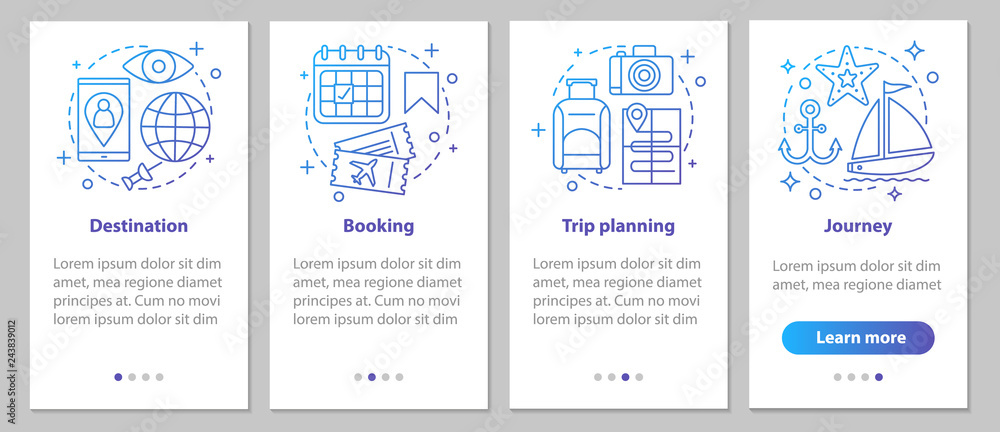 Naklejka premium Travel organization onboarding mobile app page screen with linea