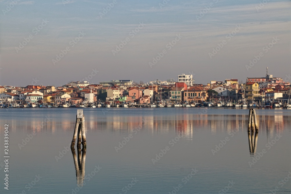 Chioggia, Veneto, Italy. View of Sottomarina and the lagoon behind.