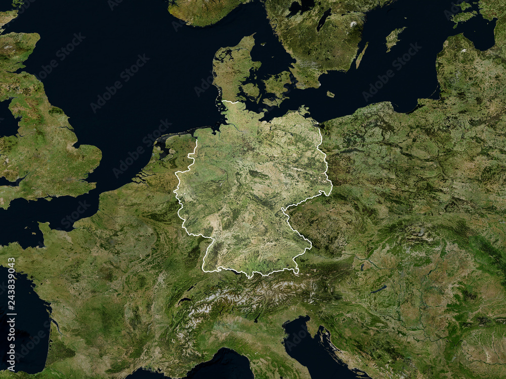 Satellite image of Germany with borders (Isolated imagery of Germany. Elements of this image furnished by NASA) - obrazy, fototapety, plakaty 