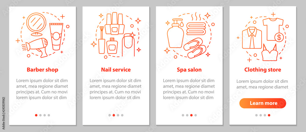 Beauty services onboarding mobile app page screen with linear co