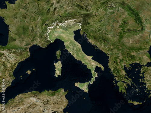 Satellite image of Italy with borders (Isolated imagery of Italy. Elements of this image furnished by NASA)