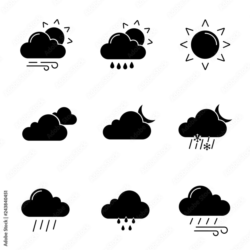 Weather forecast glyph icons set Weather forecast glyph icons set