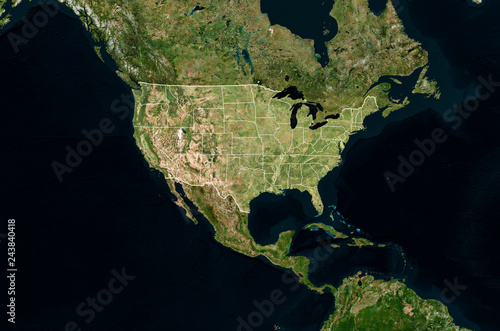 Satellite image of USA with borders and state lines (Isolated imagery of USA. Elements of this image furnished by NASA) photo