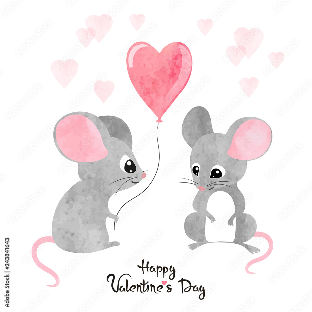 Watercolor cute mice in love. Valentine's day card design. Stock Vector |  Adobe Stock