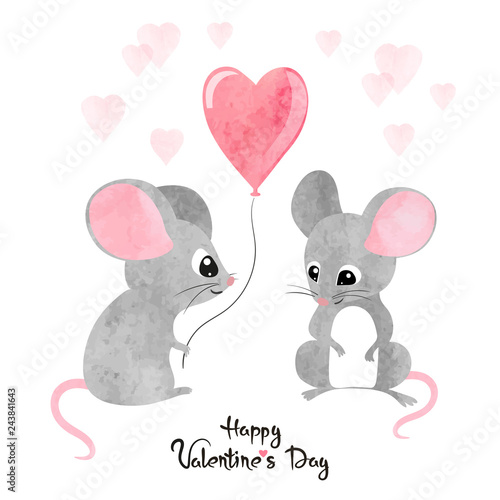 Watercolor cute mice in lov...