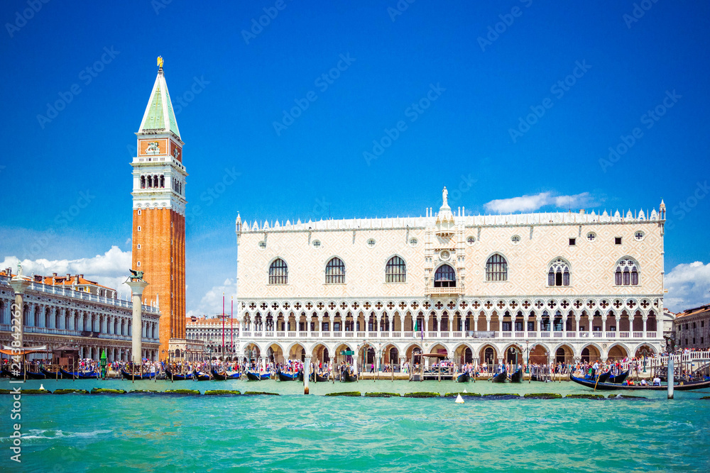 Panoramic view of Venice from Grand Canal - Dodge Palace, Campanile on Piazza San Marco (Saint Mark Square), Venice, Italy