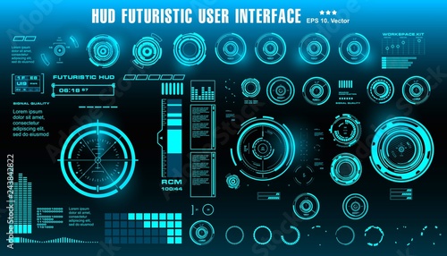 HUD futuristic blue user interface, dashboard display virtual reality technology screen, target