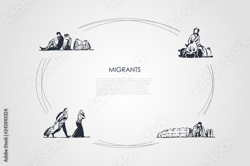 Valokuvatapetti Migrants - people with bags migrating and sitting on streets vector concept set
