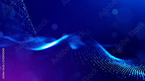Particles form line and surface grid. 3d rendering. Science fiction background of glowing particles with depth of field and bokeh. Motion graphics microwold. Blue 37