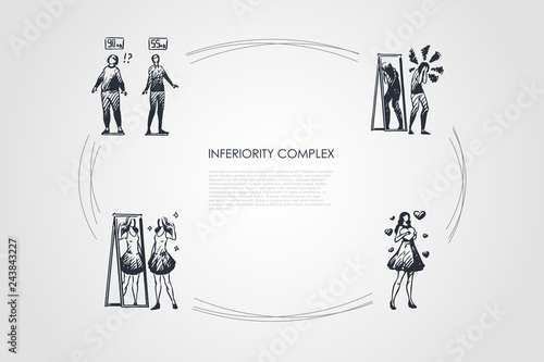Inferiority complex - women with inferiority complex not satisfied with weight and appearance vector concept set