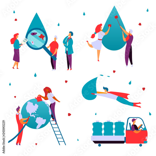 Colorful modern flat cartoon characters business delivery,preservation,analysis,clean water production concept set.Flat style character little people work-analyze,purificate,transport water