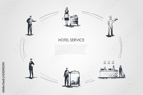 Hotel service -workers at reception, cleaning service, chef, waiter and concierge vector concept set