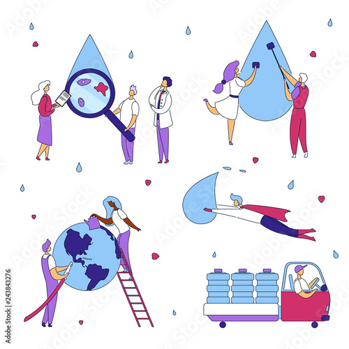 Colorful modern flat cartoon characters business delivery,preservation,analysis,clean water production concept set.Flat style outline character little people work-analyze,purificate,transport water