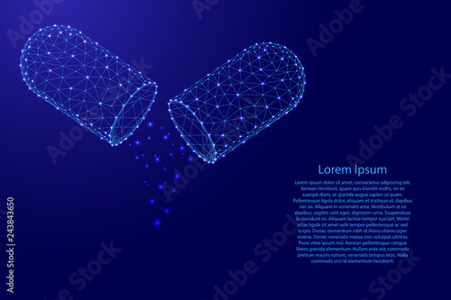 Pill tablet open capsule with the health pour fall medicines substance prebiotic probiotic from futuristic polygonal blue lines and glowing stars for banner, poster, card. Vector illustration.
