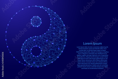 Yin-yang symbol of universality and harmony of dualism of forces from futuristic polygonal blue lines and glowing stars for banner, poster, greeting card. Vector illustration.